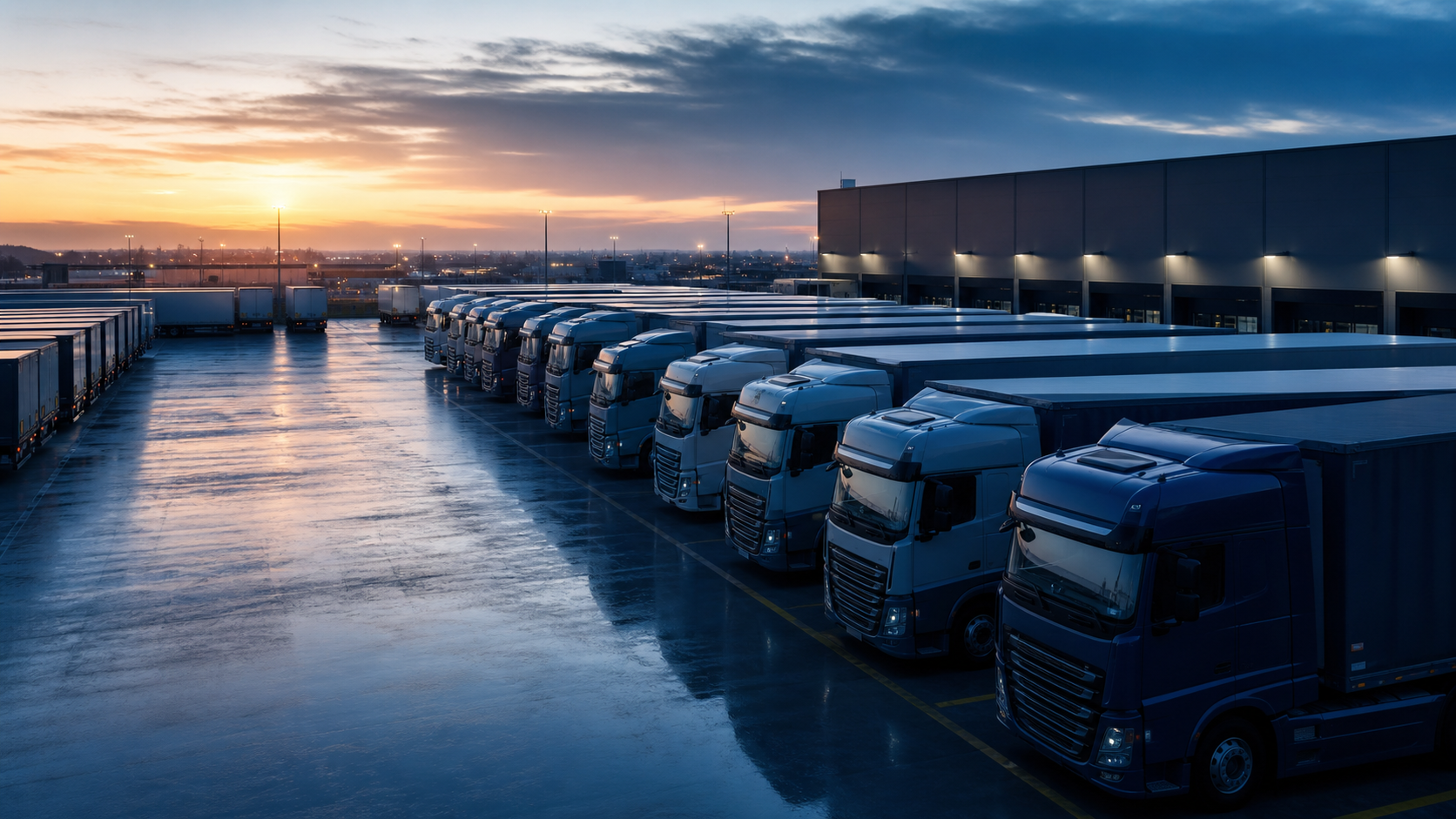Große Flotte moderner Lkw auf einem Logistikgelände