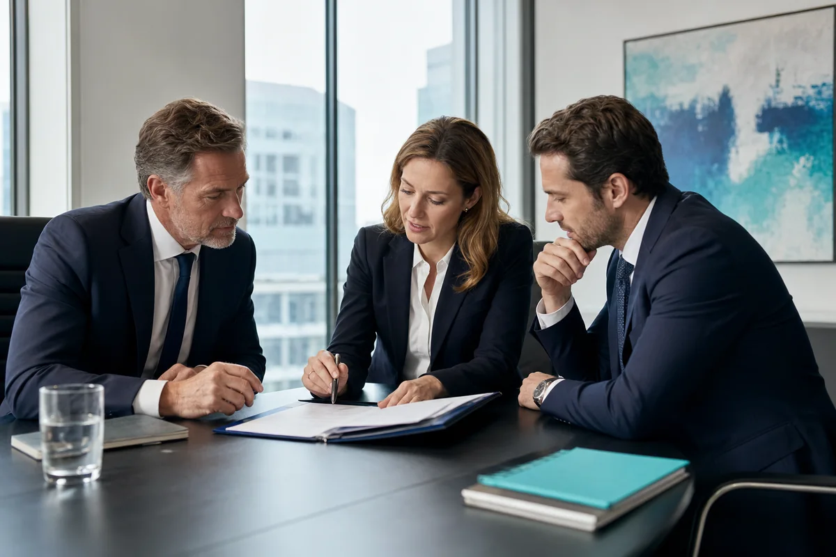 Unternehmen, Rechtsberatung und Finanzierung besprechen Vertragsunterlagen