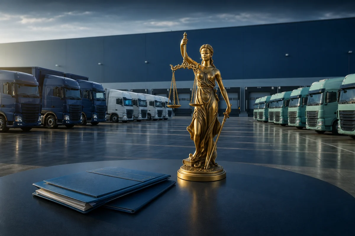 Goldene Justitia vor getrennt angeordneten Gruppen schwerer Lkw